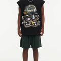 BIG FACE Drop-Shoulder Tank Top High-street vintage style featuring a small neckline, white-ink digital direct-to-garment (DTG) printing, and a heavy-duty, distressed wash finish; crafted from 260g double-yarn plain-knit fabric.