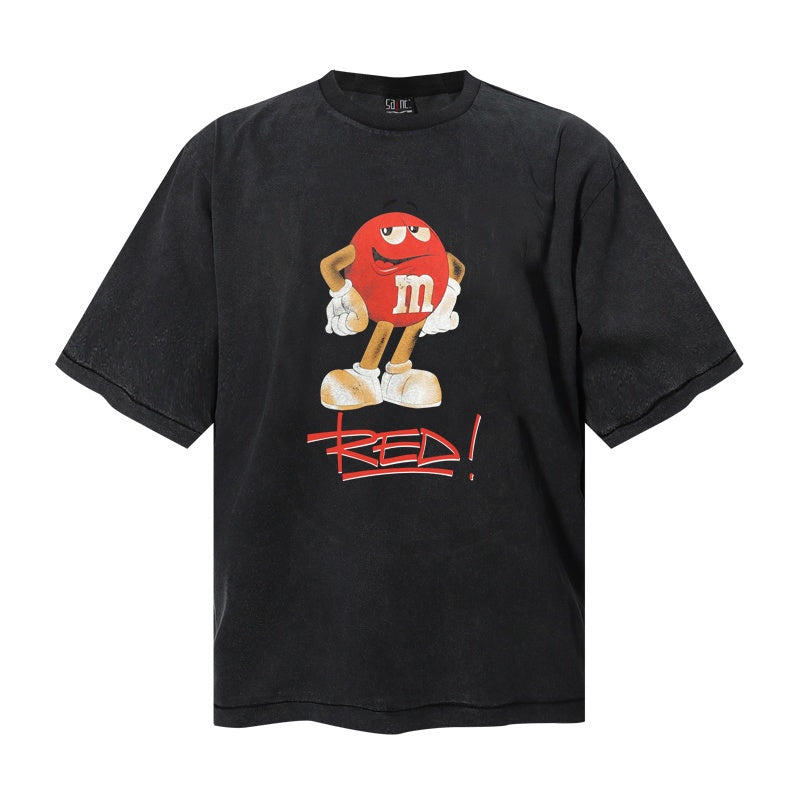 Saint Michael T Shirts Distressed Cartoon Red M&M Figure With Handwritten RED! Streetwear Print