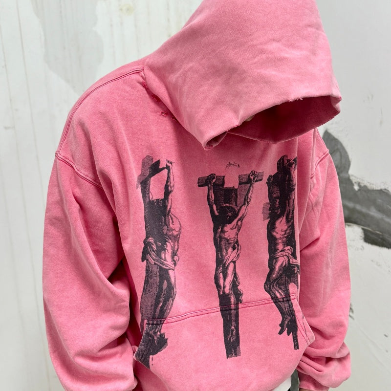 Unisex Vintage Hoodie Three Jesus Limited Edition Washed & Distressed Hoodie â€?featuring multi-area hand-distressing, custom fabric matched to the original in texture and color, and a heavyweight enzyme-washed finish for a faded, vintage look.
