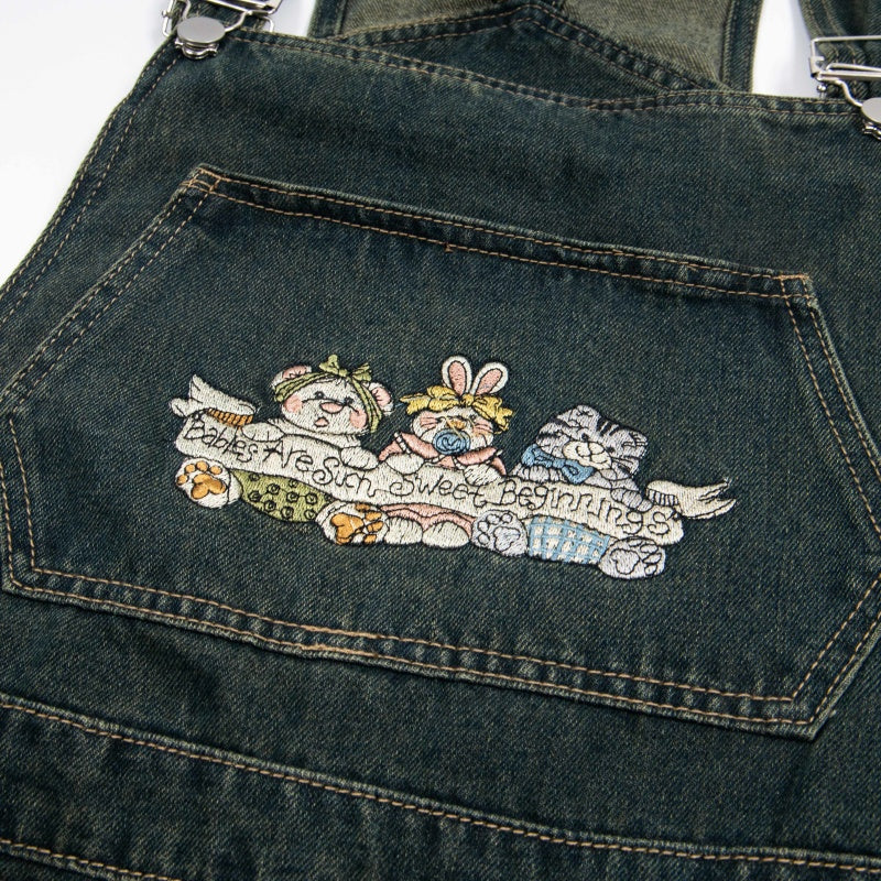 Street-style vintage jeans Women Overalls Y2K Vintage Denim Cargo Overalls with Lace-Up Waist and Cartoon Embroidery