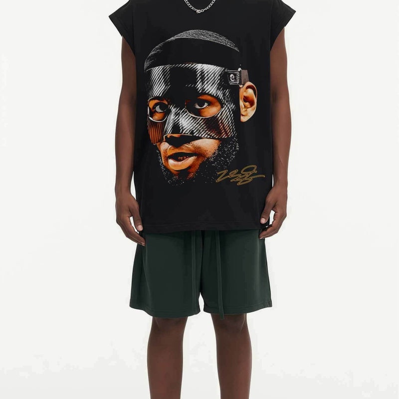 BIG FACE Drop-Shoulder Tank Top High-street vintage style featuring a small neckline, white-ink digital direct-to-garment (DTG) printing, and a heavy-duty, distressed wash finish; crafted from 260g double-yarn plain-knit fabric.