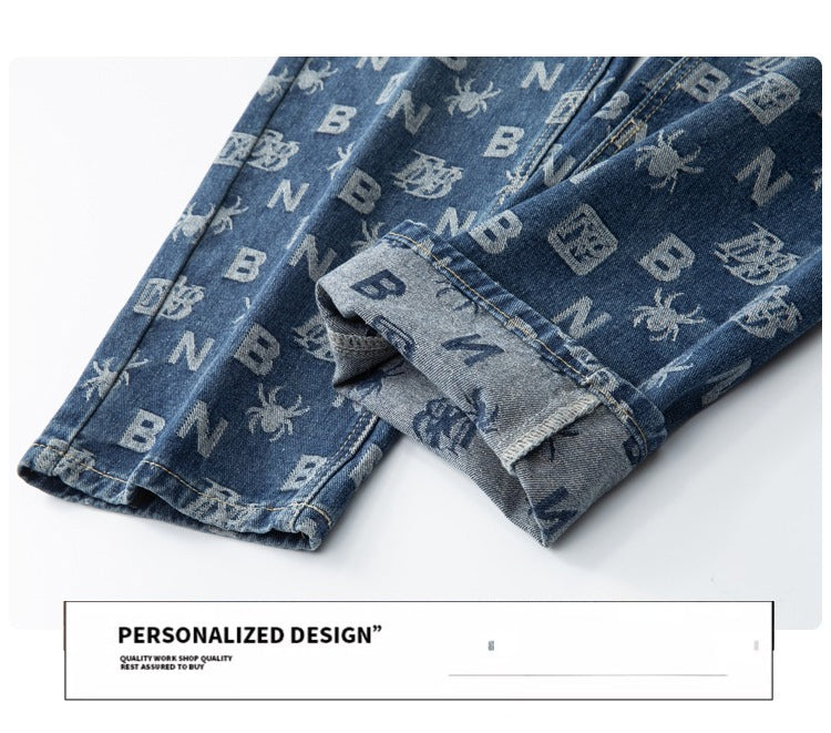 Denim Jacket & Jeans High-Street Trend Retro Casual Matching Monogram Graphic Trucker Jacket and Slim-Fit Pants Outfit (jacket and jeans must be purchased separately.)