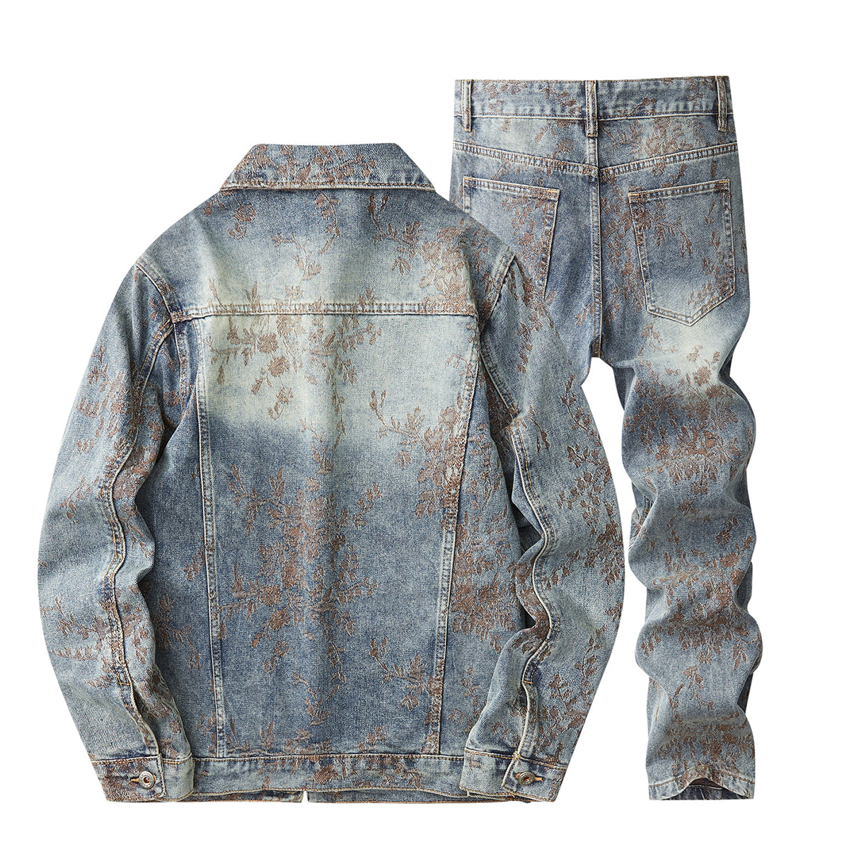Denim Jacket & Jeans High-Street Trend Retro Casual Matching Botanical Graphic Trucker Jacket and Slim-Fit Pants Outfit(jacket and jeans must be purchased separately.)