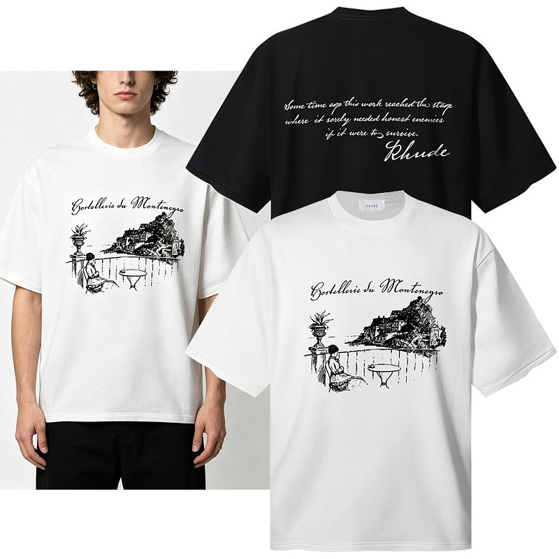 RHUDE T Shirts Dual‑Sided Mountain Scene Script‑Print Street