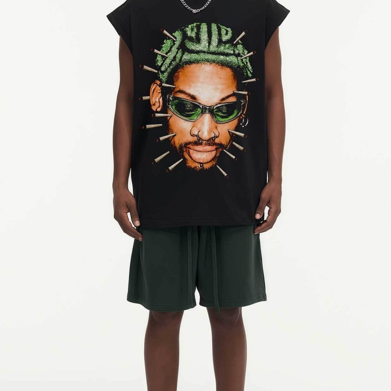BIG FACE Drop-Shoulder Tank Top High-street vintage style featuring a small neckline, white-ink digital direct-to-garment (DTG) printing, and a heavy-duty, distressed wash finish; crafted from 260g double-yarn plain-knit fabric.