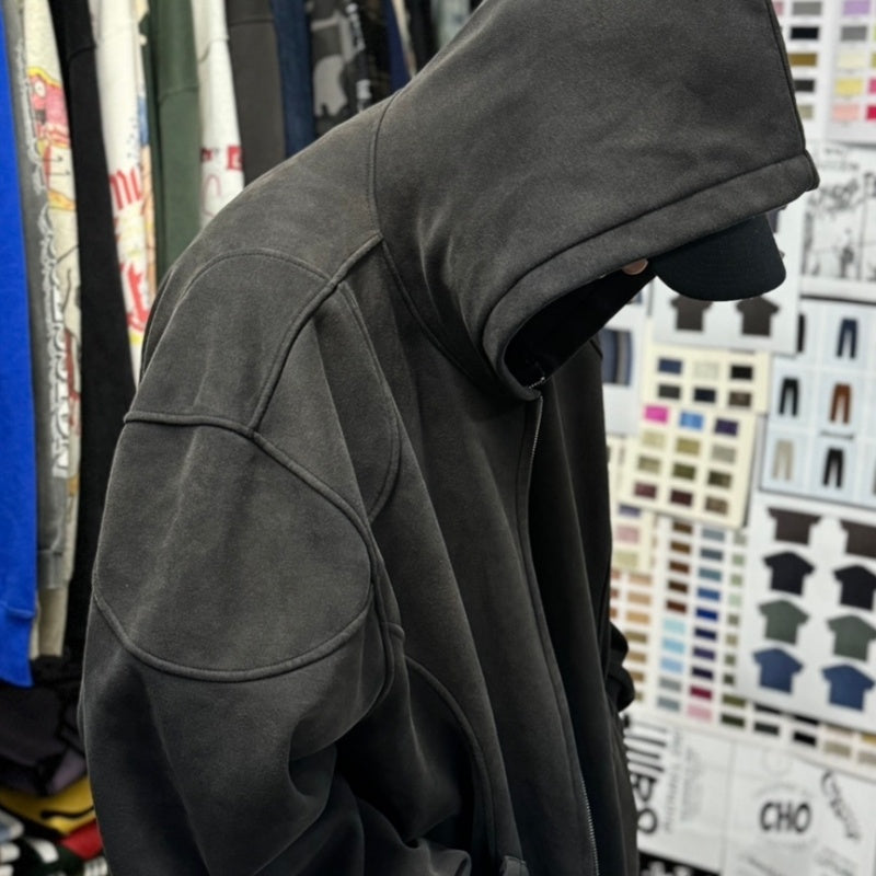 Unisex Vintage Hoodie ENFANTS RICHES DEPRIMES SS25: Oversized, relaxed-fit layered outerwear featuring a metallic, dirty-style spray-wash and distressed finish.