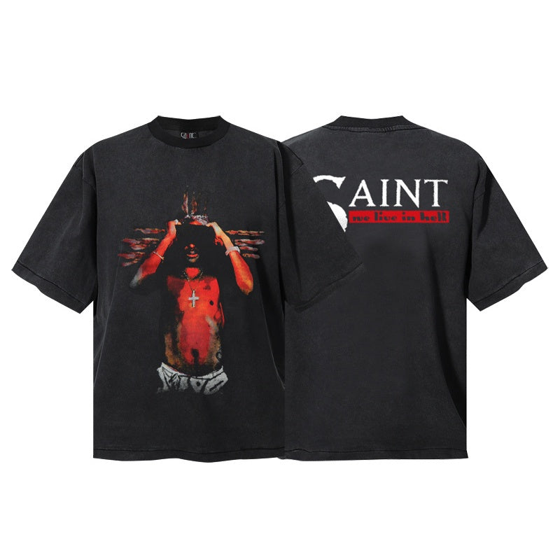 Saint Michael T Shirts Faded Pigment Dyed Portrait & Typography