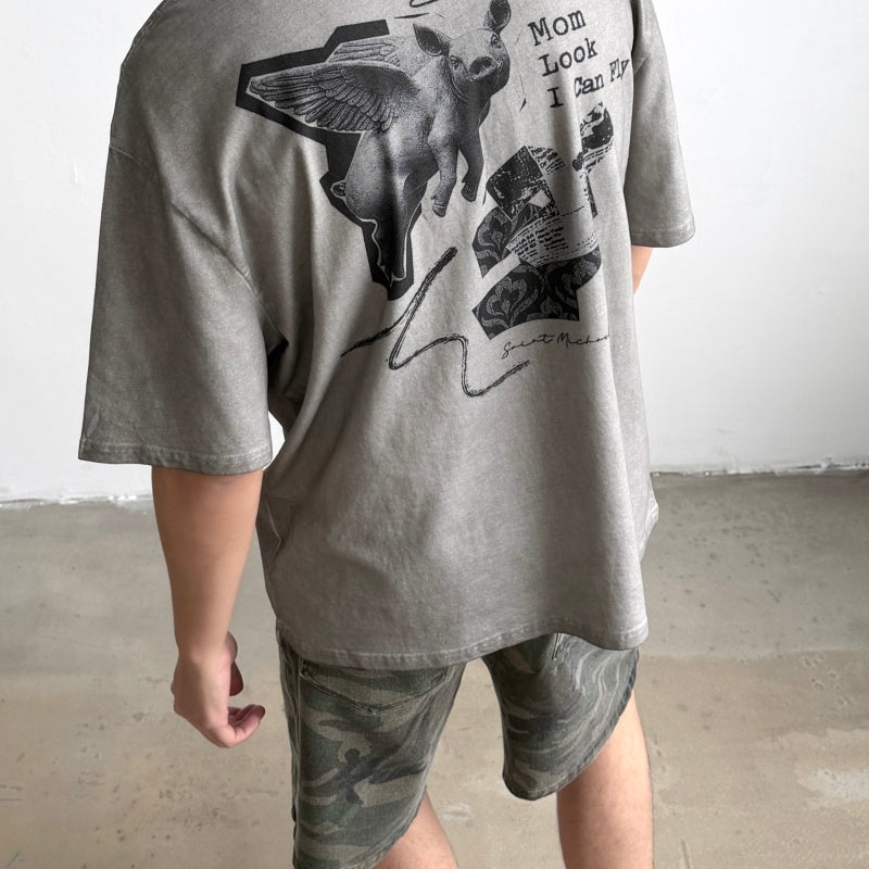 Unisex Vintage T Shirts SAINT MICHAEL x CHO Omnipotent Limited Edition â€?High-Street Short-Sleeve Tee featuring Direct-to-Garment (DTG) white ink printing, heavy-duty distressed wash finish, and a unique cement-grey colorway.