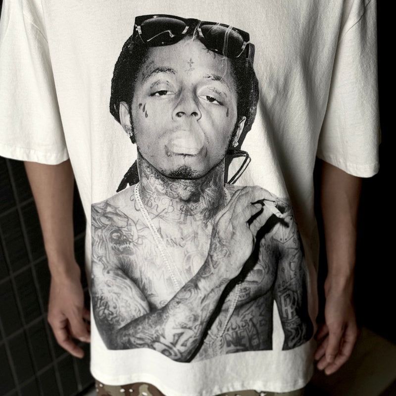Unisex Vintage T Shirts American West Coast street-style high-street short-sleeve tee featuring graffiti and hip-hop aesthetics; crafted from heavyweight fabric with a distressed wash finish and direct-to-garment white ink printing.