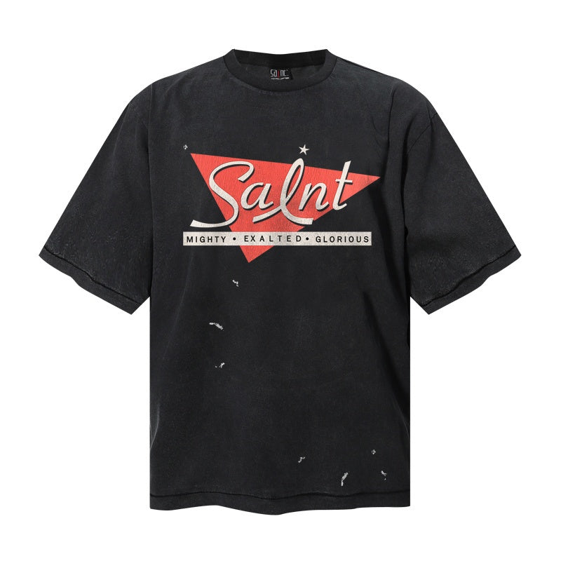 Saint Michael T Shirts Red Triangle With Cursive Salnt Front Print Design