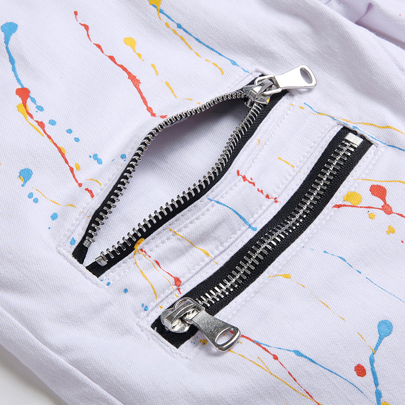 Mens Fashion Jeans Pants pocket zipper Color splatter ink 1168# Pure cotton high quality