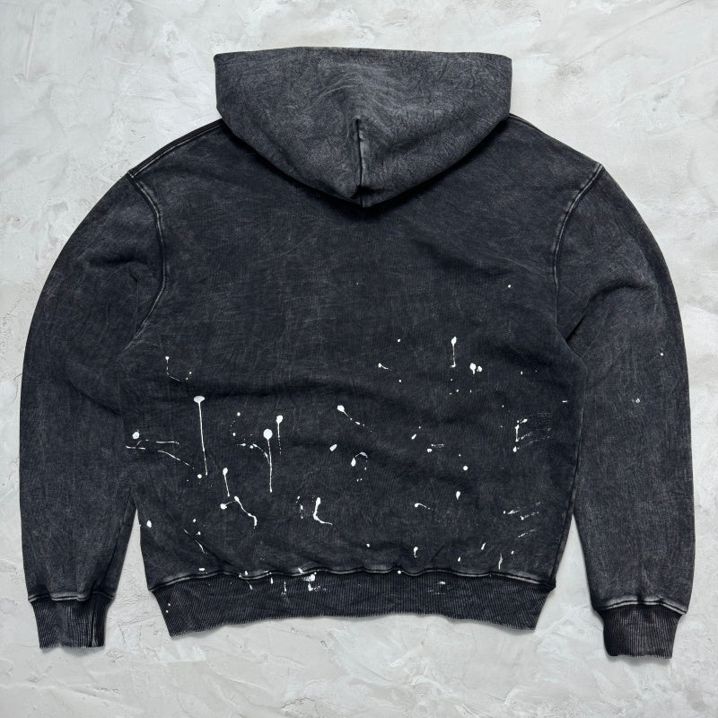 Unisex Vintage Hoodie Oversized, relaxed-fit layered outerwear; naturally faded, distressed wash finish; hand-applied ink splatter detailing; heavyweight pure cotton French terry fabric.