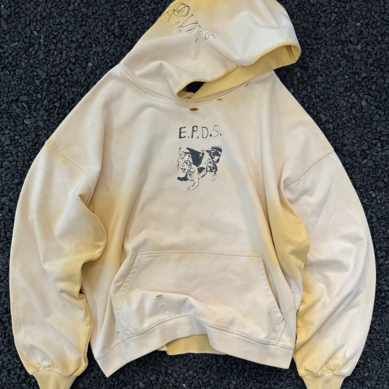 Unisex Vintage Hoodie PalyHollywood SS25 “EPDSâ€?Exclusive: Washed & Distressed Hoodie. Features multi-zone handcrafted distressing and a heavyweight Asut enzyme-milled wash finish.