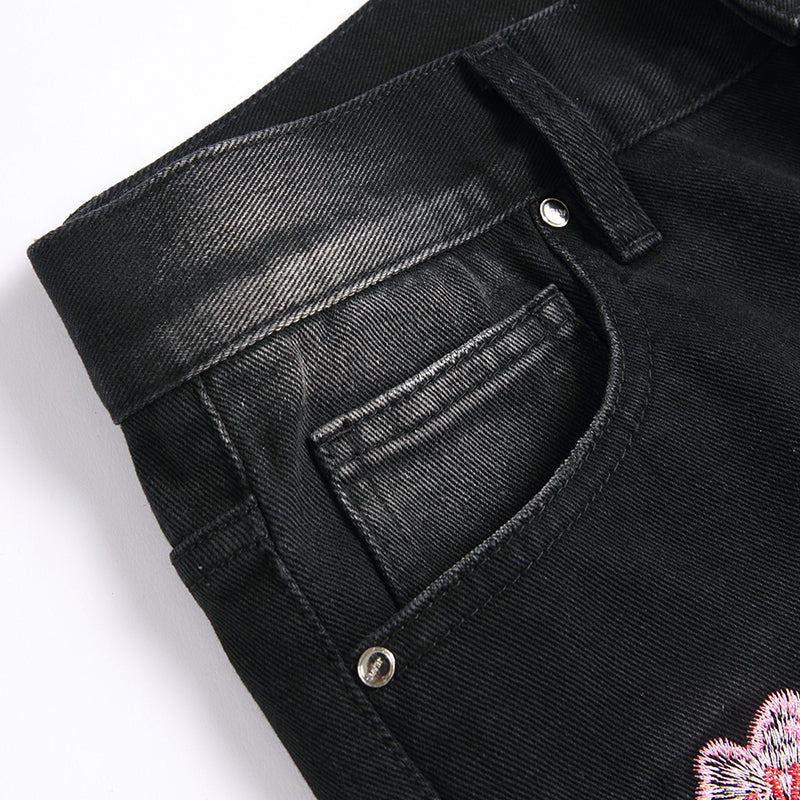 Mens Fashion Jeans Pink cherry blossom embroidered wide-leg pants 5710# Pure cotton high quality