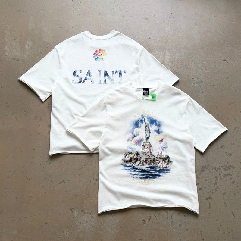 Unisex Vintage T Shirts SAINT MICHAEL × Takashi Murakami Collaboration: Statue of Liberty Oil Painting Graphic (Limited Edition). Features heavyweight 320g fabric (retaining its weight after washing) and authentic vintage construction with single-s