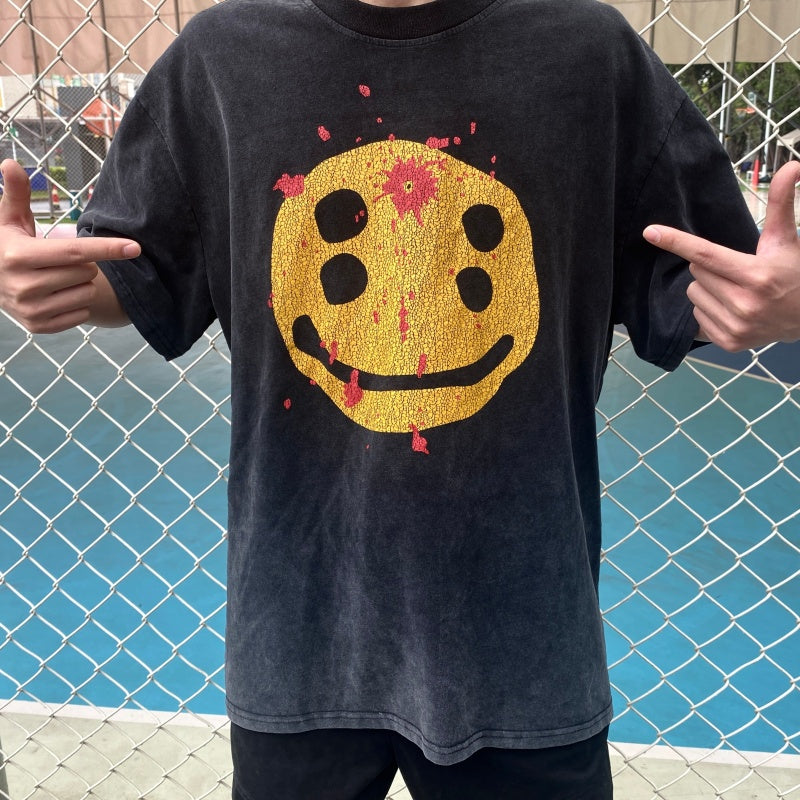 Unisex Vintage T Shirts SAINT MICHAEL x CHO Broken Smiley Limited Edition â€?Heavyweight High-Street Retro Style