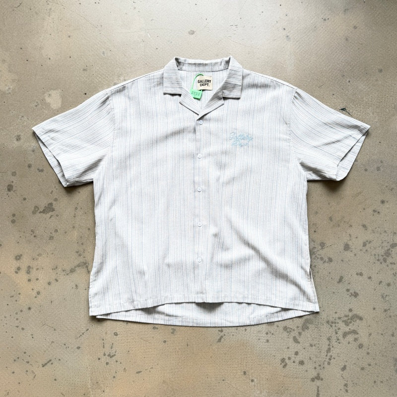 Unisex Vintage T Shirts GALLERY DEPT. 26SS American vintage-style, loose-fitting short-sleeve shirt featuring a Cuban collar and a dapper old-money aesthetic. Crafted from a custom linen-blend fabric with a vertical-stripe jacquard weave; breathabl