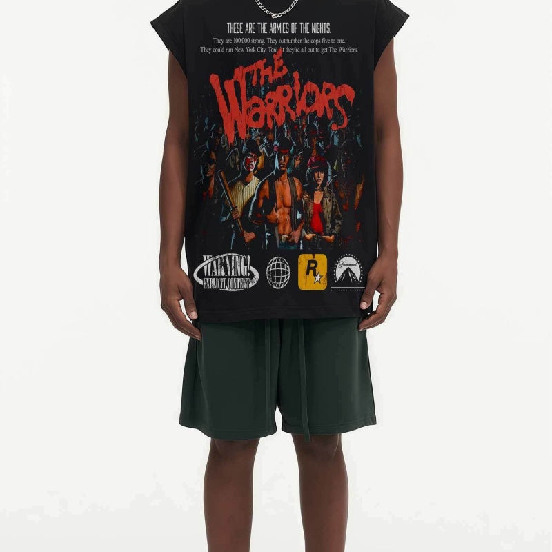 BIG FACE Drop-Shoulder Tank Top High-street vintage style featuring a small neckline, white-ink digital direct-to-garment (DTG) printing, and a heavy-duty, distressed wash finish; crafted from 260g double-yarn plain-knit fabric.