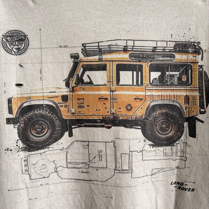Unisex Vintage T Shirts Saint x Hot Wheels x Land Rover Defender three-way collaboration: featuring a lid-and-base style collar construction with single-needle stitching, a special enzyme-abrasion and vintage-wash finish, direct-to-garment white in