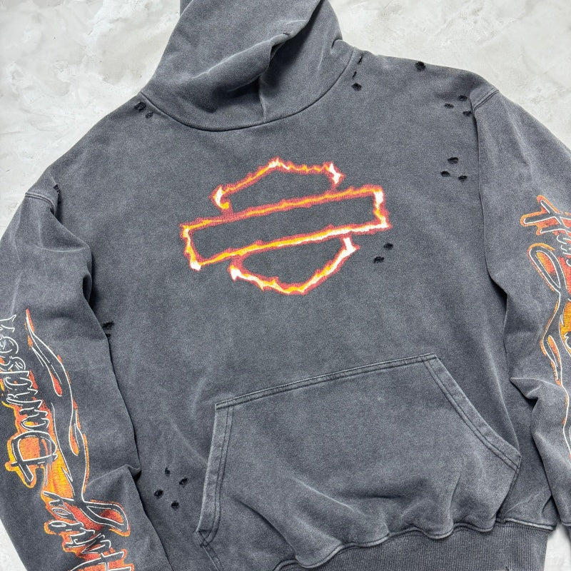 Unisex Vintage Hoodie Harley-Davidson West Coast Flames & Cross Limited Edition Distressed Hoodie â€?featuring multi-area handcrafted distressing and heavy-duty enzyme-washed, faded finish.